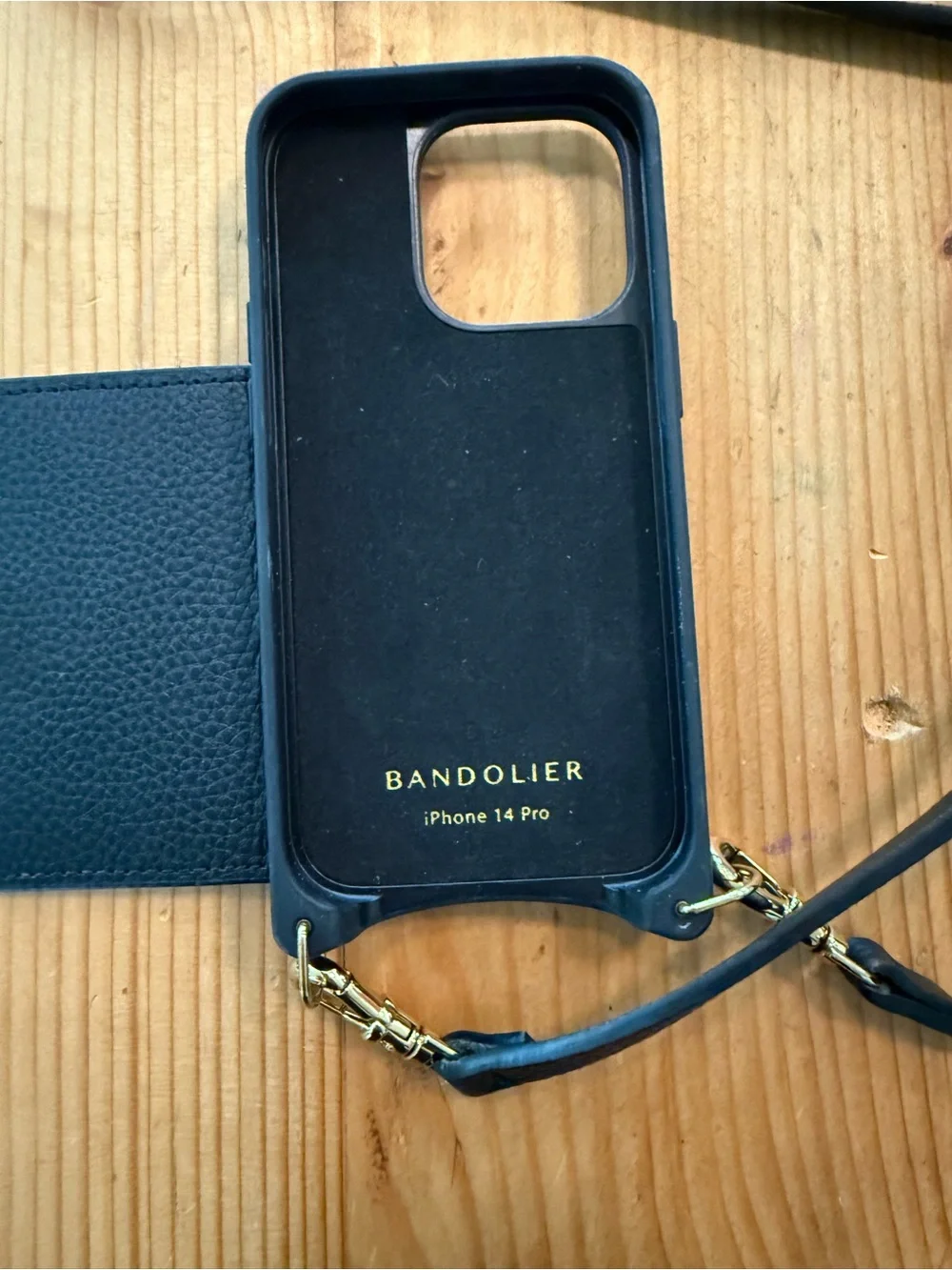 Bandolier Black Leather Crossbody Wallet Case with Gold Hardware and strap